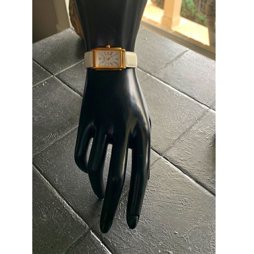 Guess Gold-Toned Rectangle dial Watch w/White Genuine Leather strap, Signed